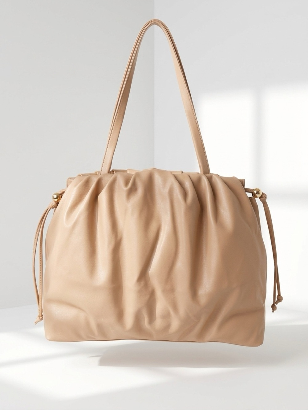 NWT CUTE Victoria’s Secret Slouchy Drawstring Cinch Side Nude Beige Ruched Tote